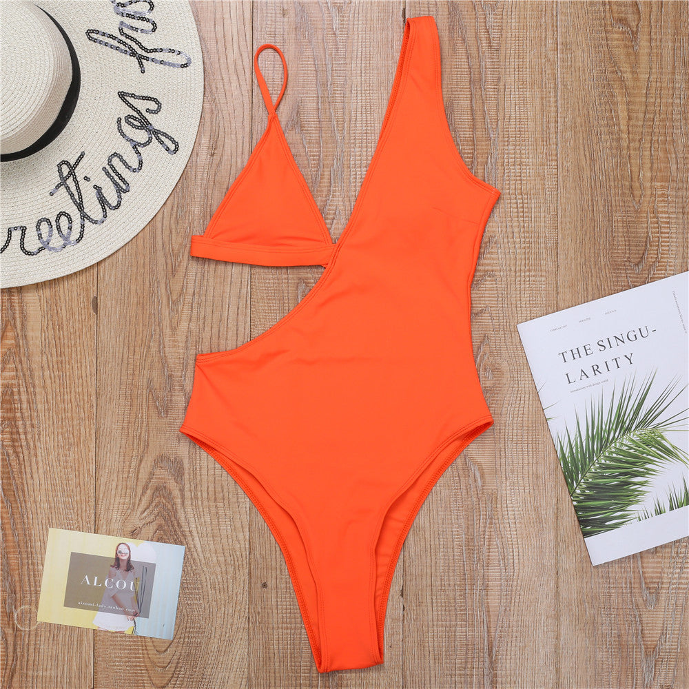 One-Piece Solid Color Triangle Cup Sexy Swimsuit Bikini Women Swimsuit