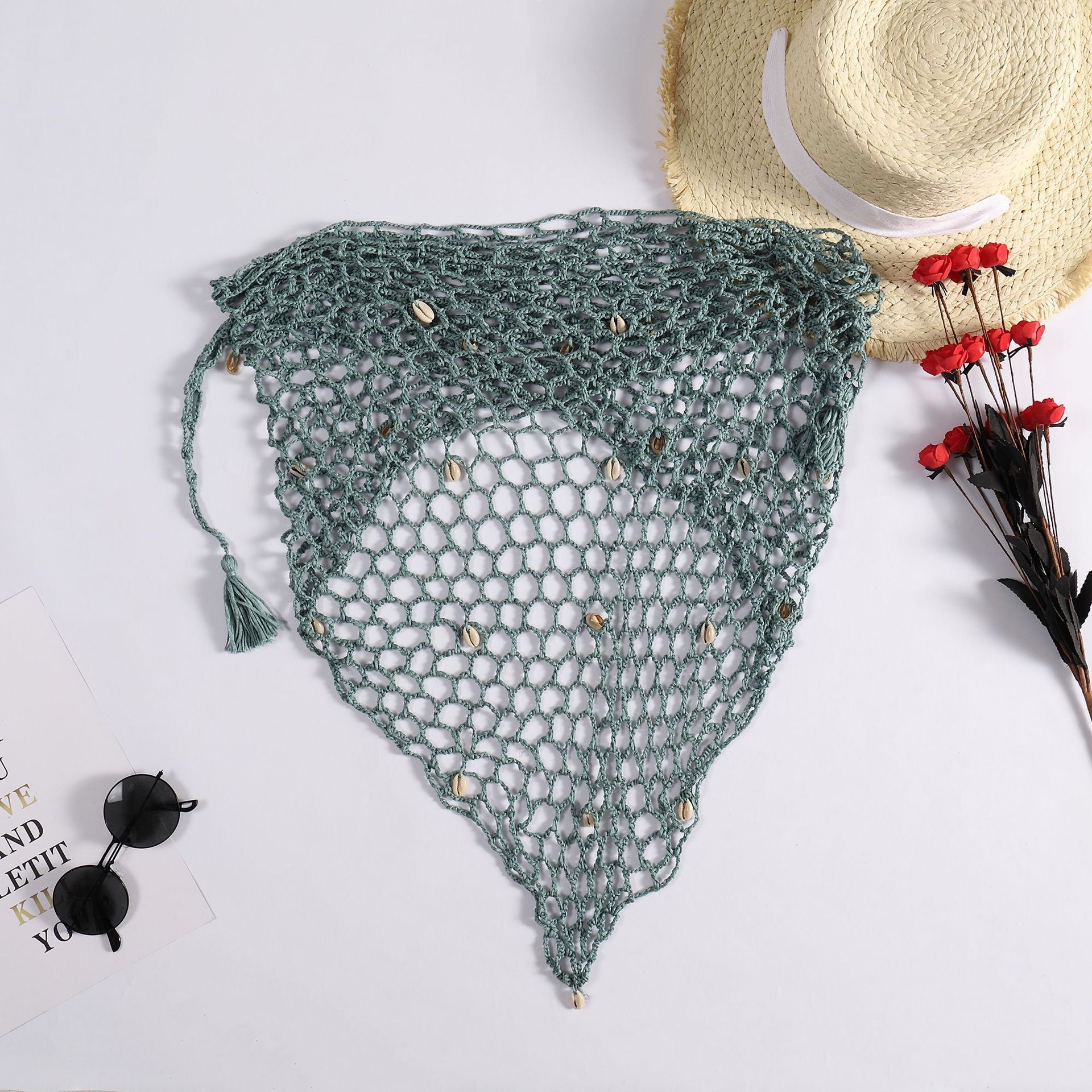 Summer Hand Crocheting Beach Triangle Shawl Sexy Fishnet Shell Sunscreen Beach Towel