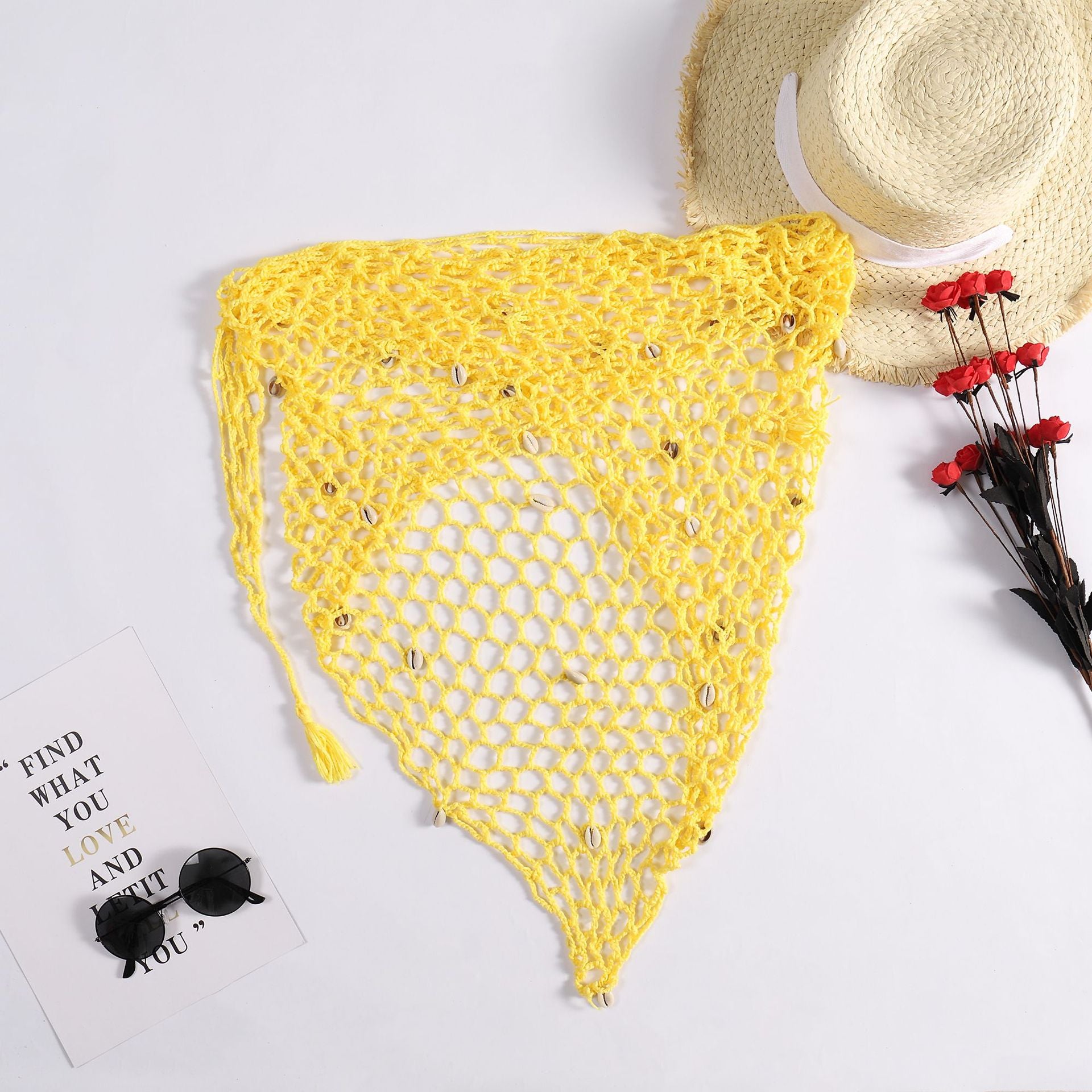 Summer Hand Crocheting Beach Triangle Shawl Sexy Fishnet Shell Sunscreen Beach Towel