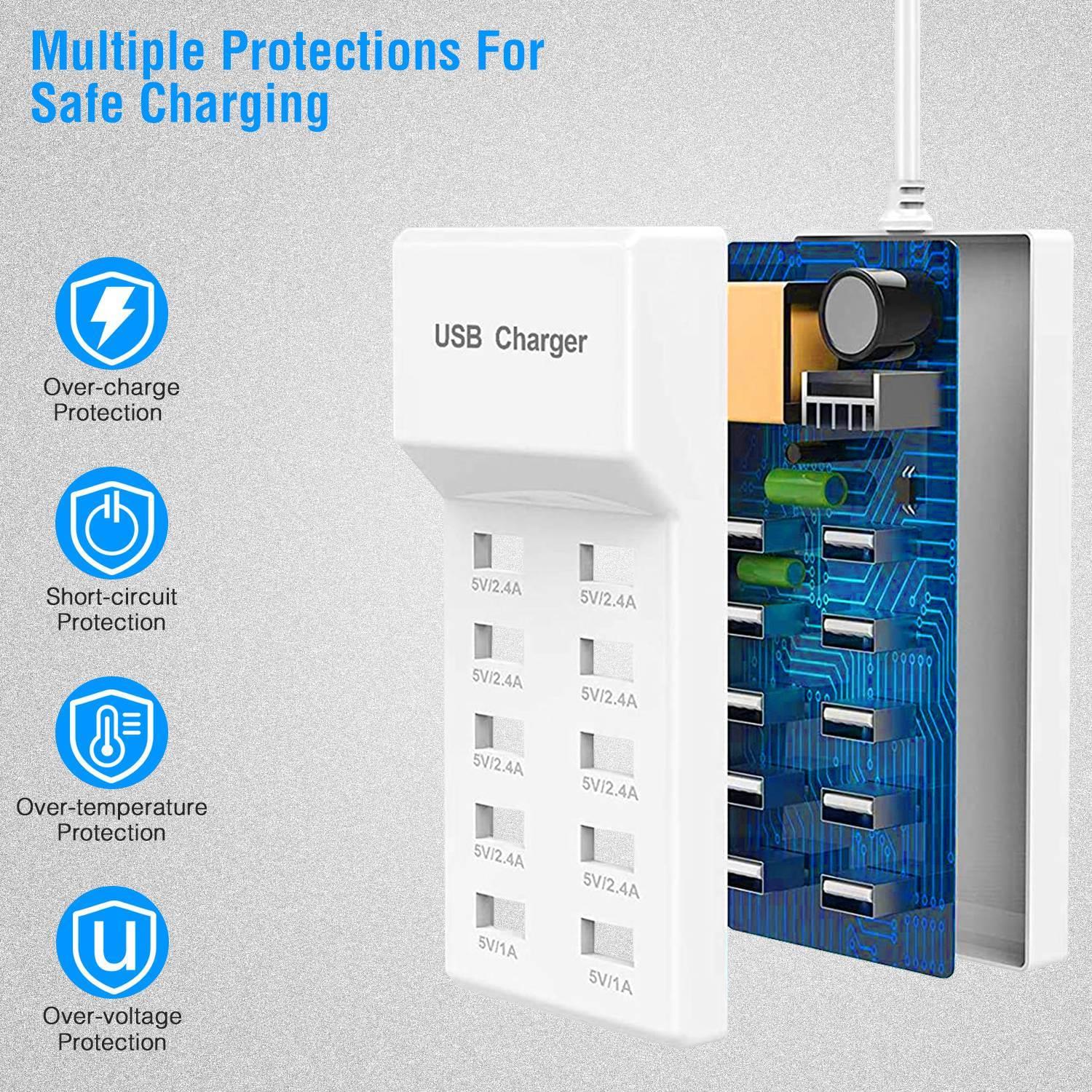 10 Ports USB Charging Station Hub 50W USB Wall Charger Fast Charging Power Adapter for Phone Tablet Moorescarts