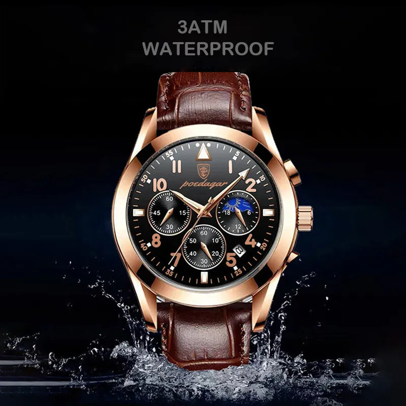 2021 New Mens Watches POEDAGAR Top Brand Leather Luminous Waterproof Sport Automatic Date Quartz Watch For Men Relogio Masculino Moorescarts