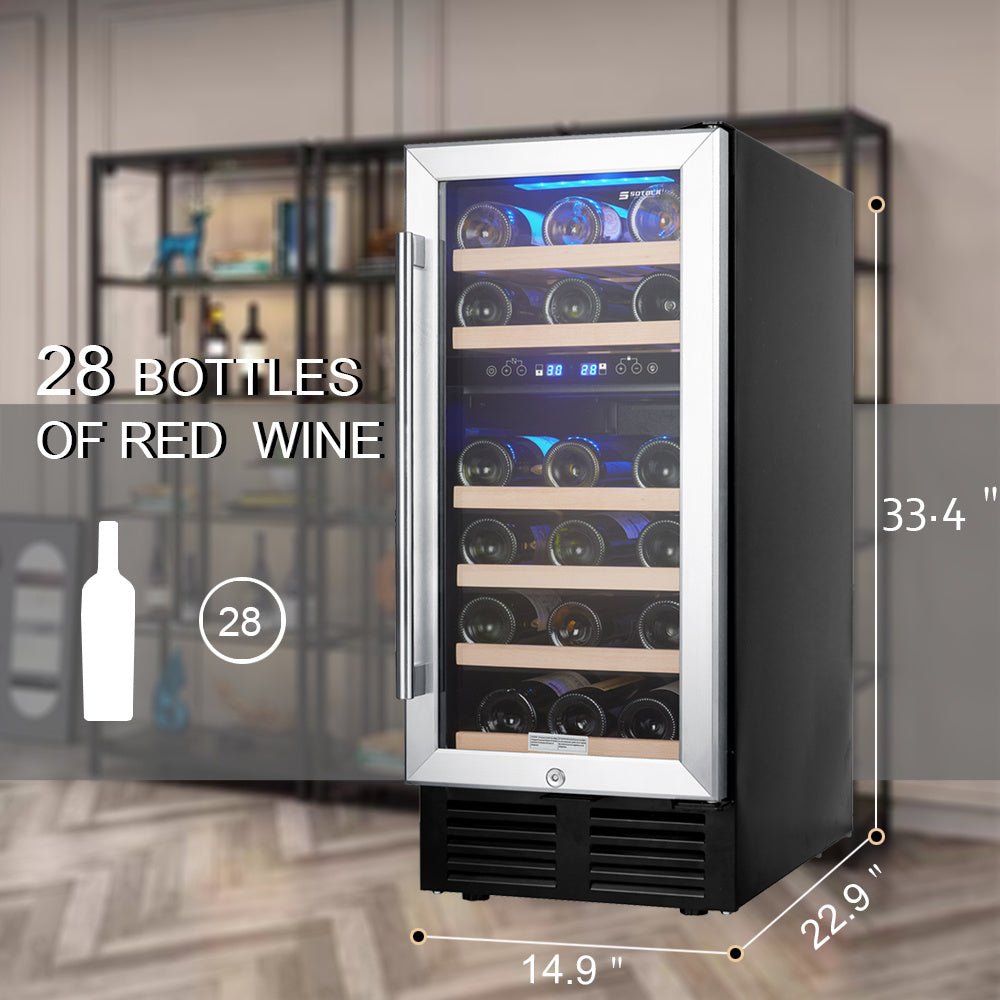 15 Inch Wine Cooler Refrigerators 28 Bottle Fast Cooling Low Noise Wine Fridge with Professional Compressor Stainless Steel, Digital Temperature Control Screen Built-in or Freestanding Moorescarts