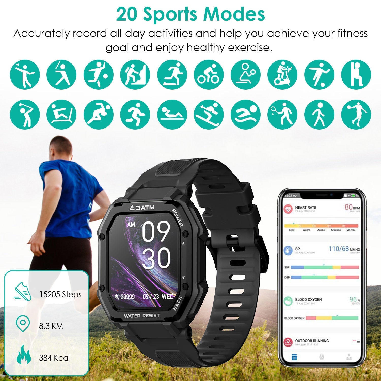 1.69in Full Touch Wireless Smart Watch 3ATM Waterproof Sport Fitness Watch with Sleep Heart Rate Blood Oxygen Blood Pressure Monitor Fit for iPhone Android Moorescarts