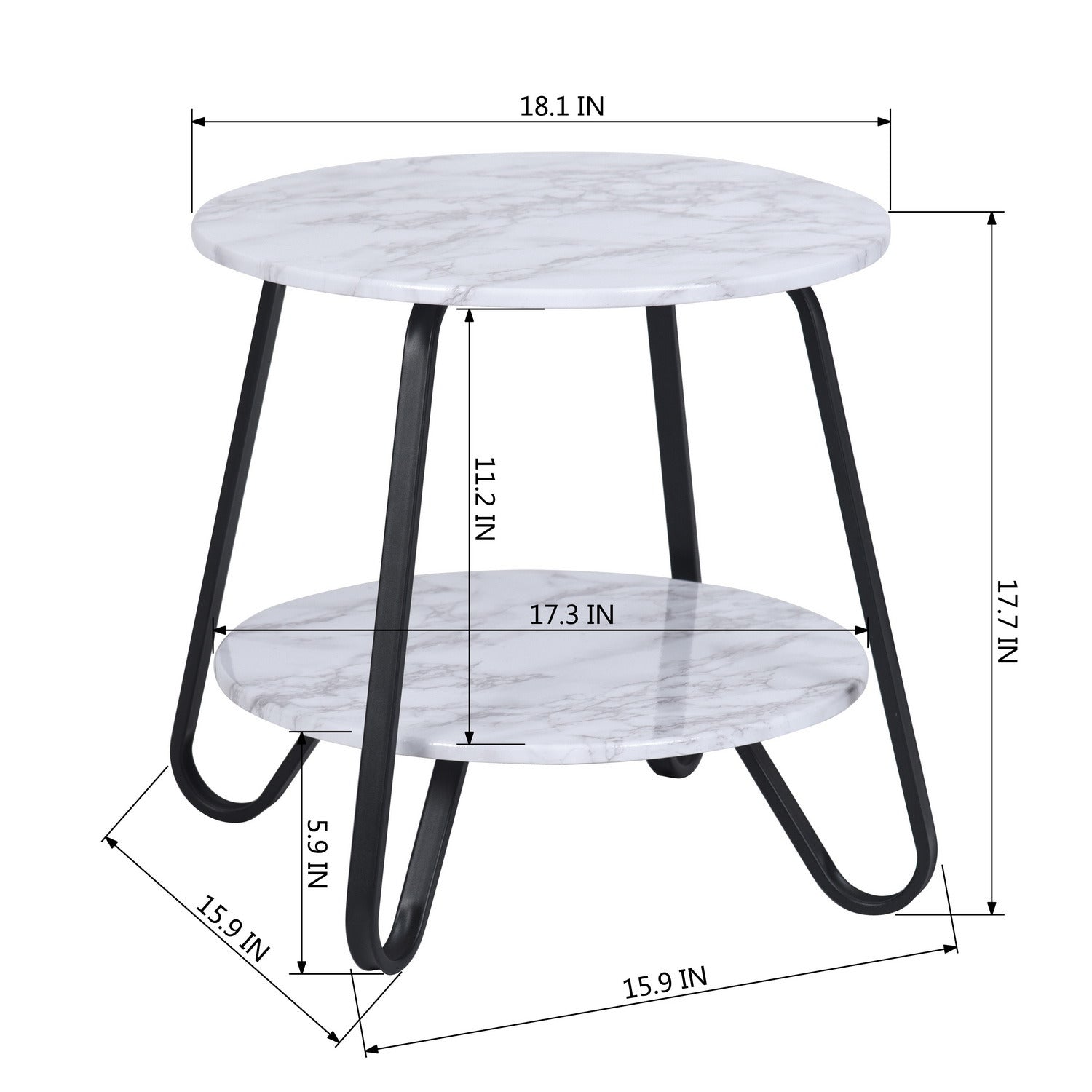 18.1 inches Small Round Coffee Table End Table 2 Tiers Side Nightstand with Storage Industry Rack Wood Table Accent Furniture for Living Room/Bed Room/Kitchen Room; Metal Frame Brown - Marble & BLACK Moorescarts