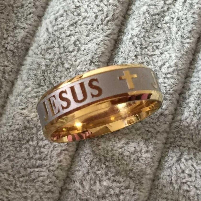1pc High Quality Large Size 8mm 316 Titanium Steel 18K Silver Plated Gold Plated Jesus Cross Letter Bible Wedding Ring Moorescarts