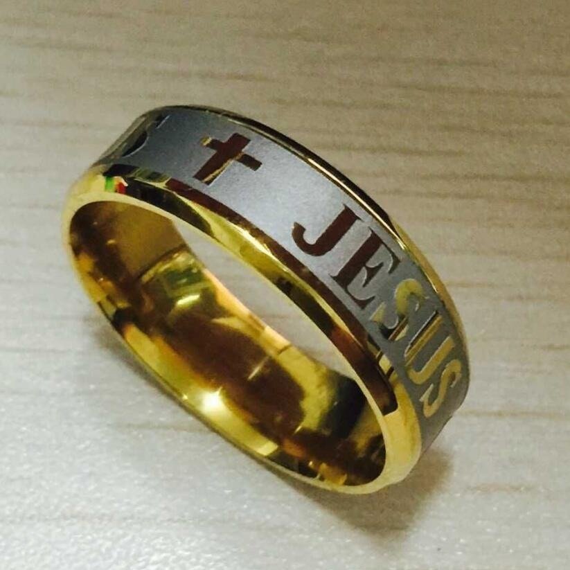 1pc High Quality Large Size 8mm 316 Titanium Steel 18K Silver Plated Gold Plated Jesus Cross Letter Bible Wedding Ring Moorescarts