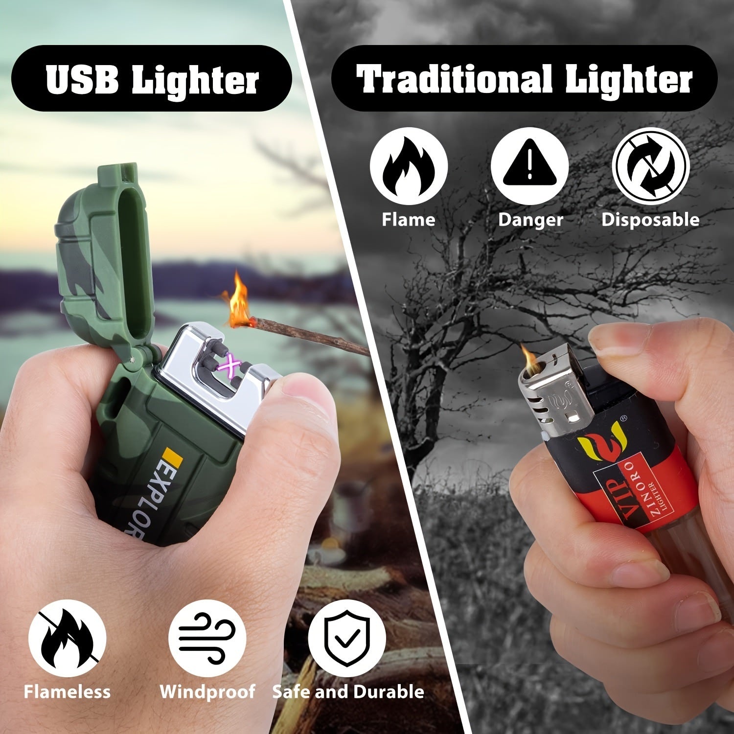 1pc Waterproof Windproof Lighter; USB Rechargeable Outdoor Dual Arc Lighter Flameless Plasma Lighters For Camping; Hiking; Emergency Survival Moorescarts
