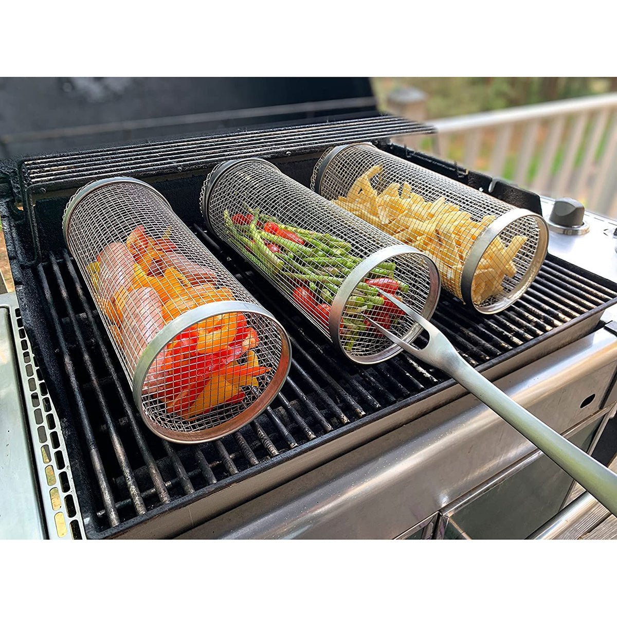 1PCS Rolling Grilling Basket - Round Stainless Steel BBQ Grill Mesh Moorescarts