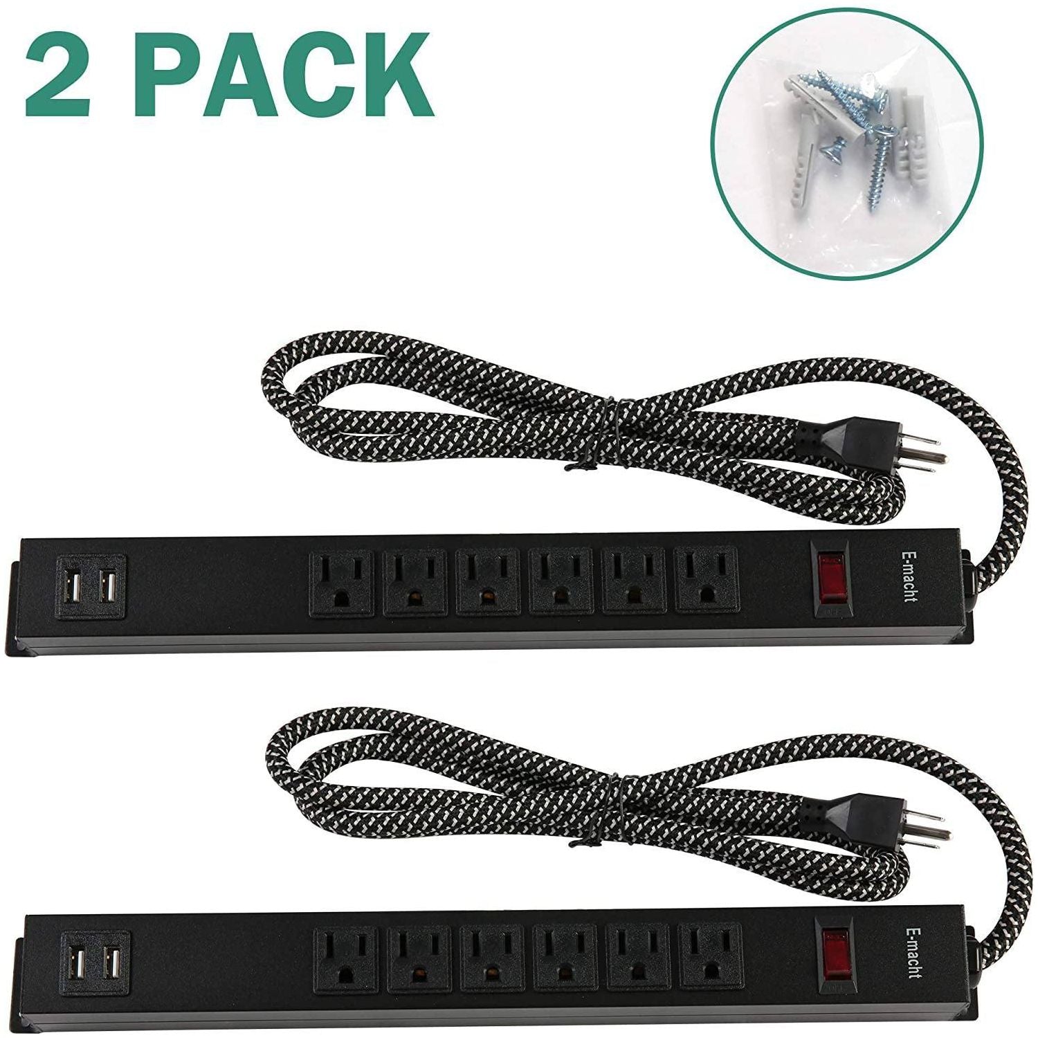 2 Pack Long Power Strip Surge Protector, 6 Metal Power Outlets 2 USB Ports, 6 ft Long Extension Cord Moorescarts