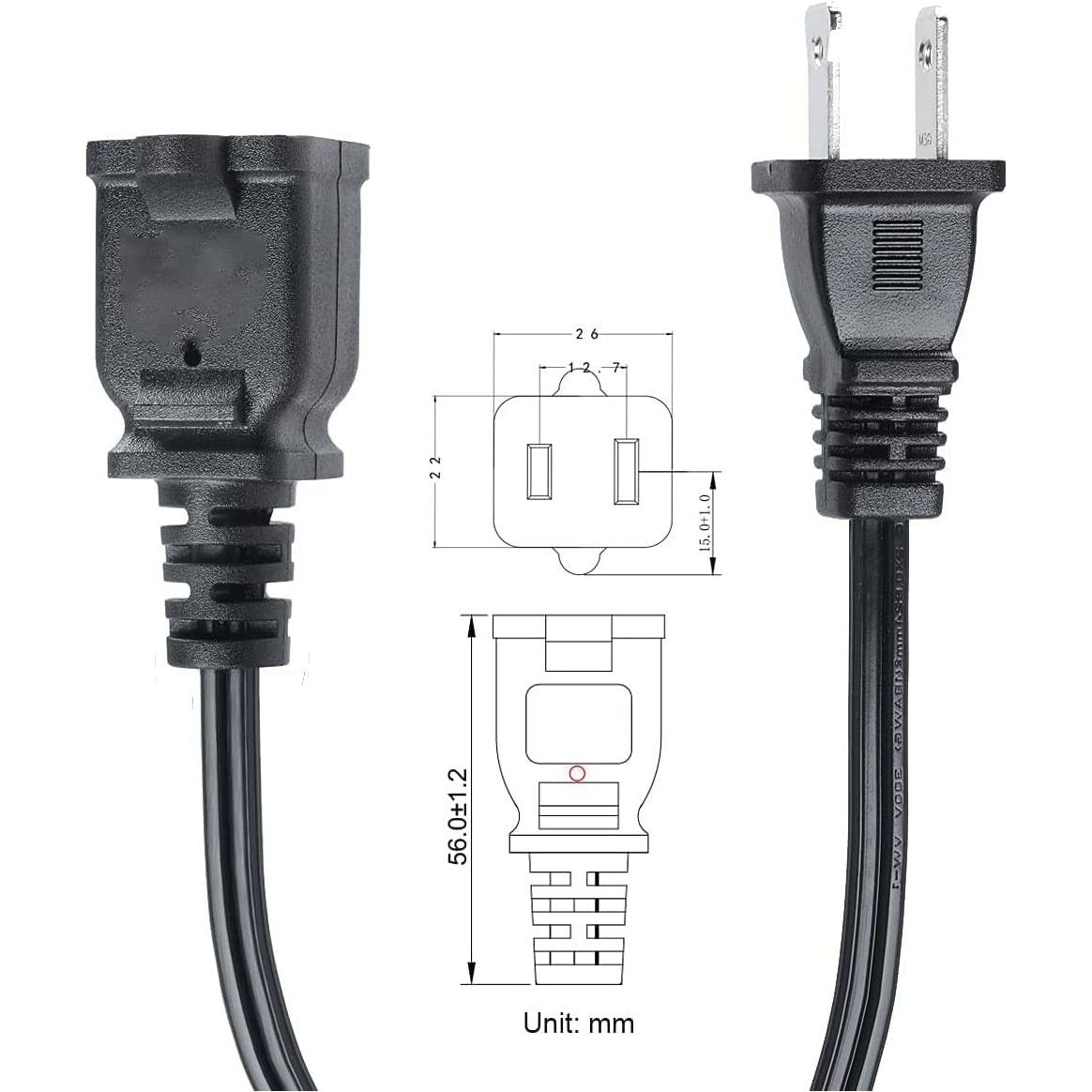 2-Prong Male-Female Extension Power Cord Cable; Outlet Extension Cable Cord US AC 2-Prong Male-Female Power Cable 13A/125V; Black 5 Core EXC BLK 15FT Moorescarts