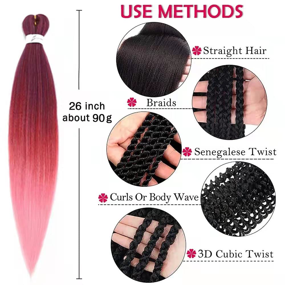 26inch Pre-Stretched Braiding Hair Extensions Red & Pink Professional Synthetic Crochet Braids (6pack) Moorescarts