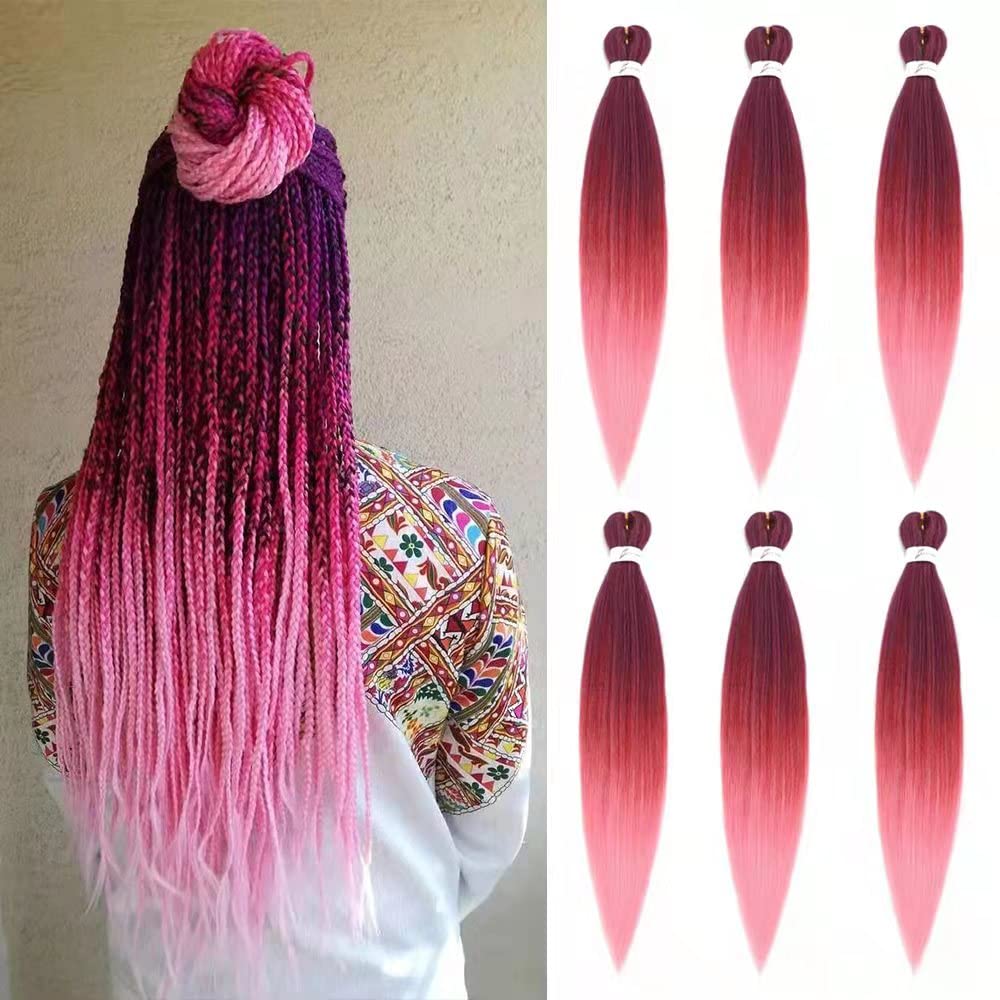 26inch Pre-Stretched Braiding Hair Extensions Red & Pink Professional Synthetic Crochet Braids (6pack) Moorescarts