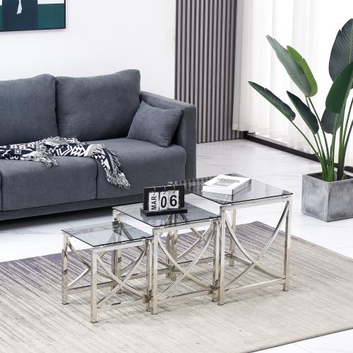 3 Pieces Silver Square Nesting Glass End Tables- Small Coffee Table Set- Stainless Steel Small Coffee Tables with Dark Gray Tempered Glass Moorescarts