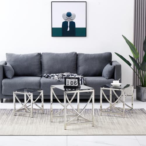 3 Pieces Silver Square Nesting Glass End Tables- Small Coffee Table Set- Stainless Steel Small Coffee Tables with Dark Gray Tempered Glass Moorescarts