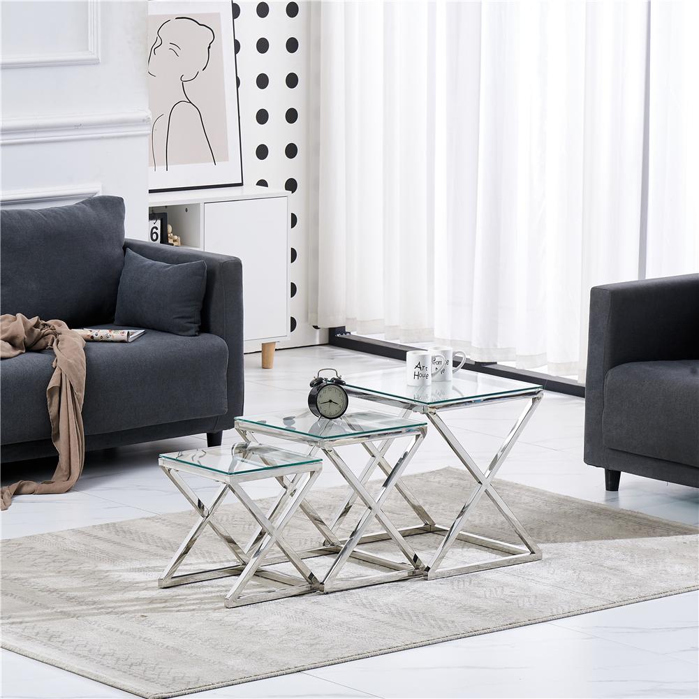 3 Pieces Silver Square Nesting Glass End Tables(X shape frame)- Small Coffee Table Set- Stainless Steel Small Coffee Tables with Clear Tempered Glass Moorescarts