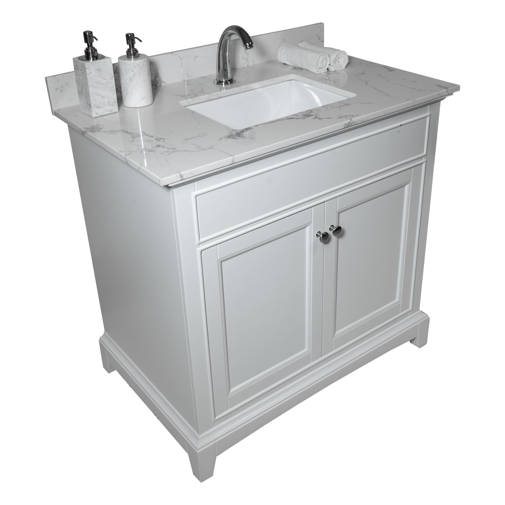 31inch bathroom stone vanity top engineered white marble color with undermount ceramic sink and single faucet hole with backsplash Moorescarts