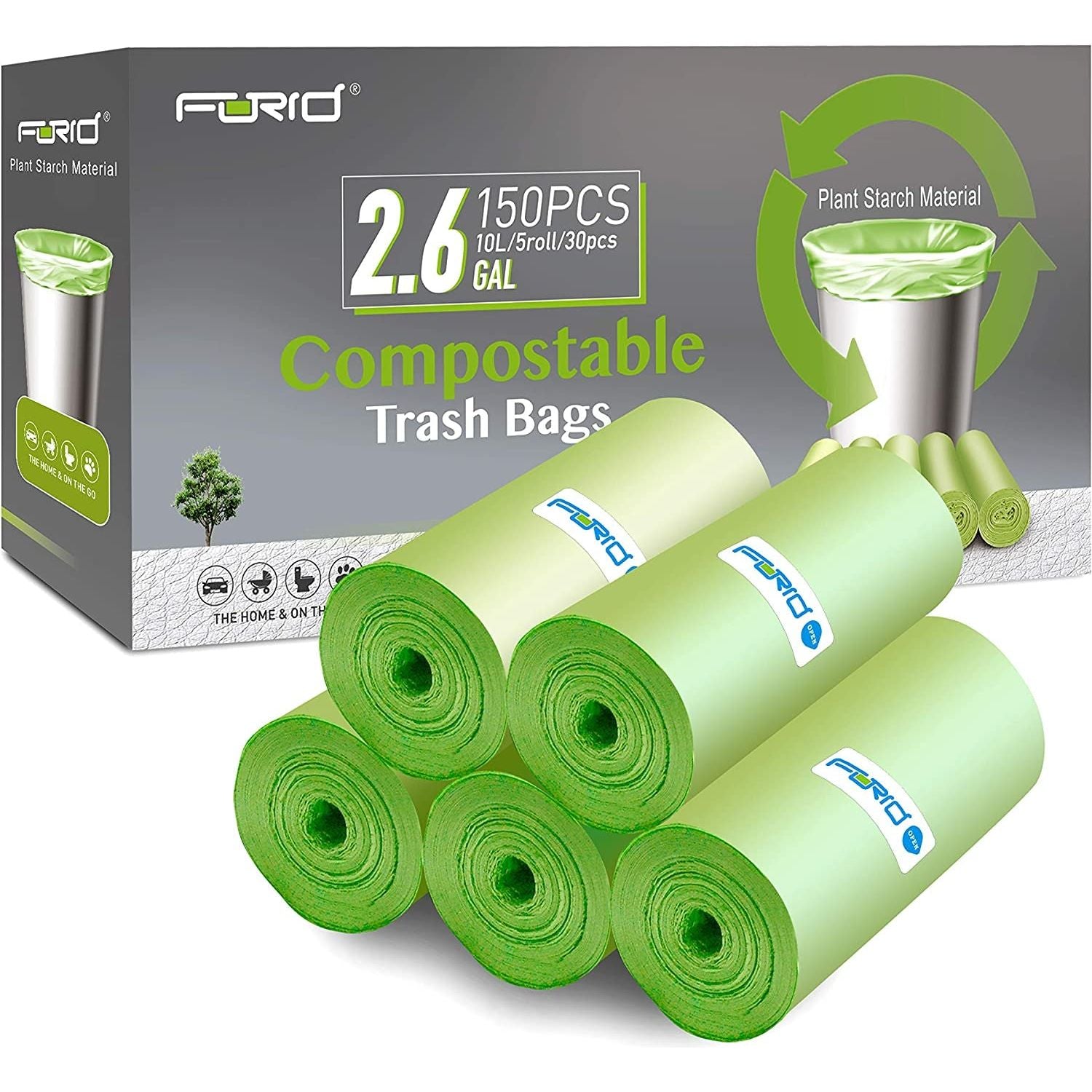 Small Trash Bags -  2.6 Gallon Compostable Garbage Bags 150 Count Mini Strong Trash Can Liners 10 Liter Unscented Wastebasket Bags for Kitchen Bathroom Home Office (5Rolls/Green)