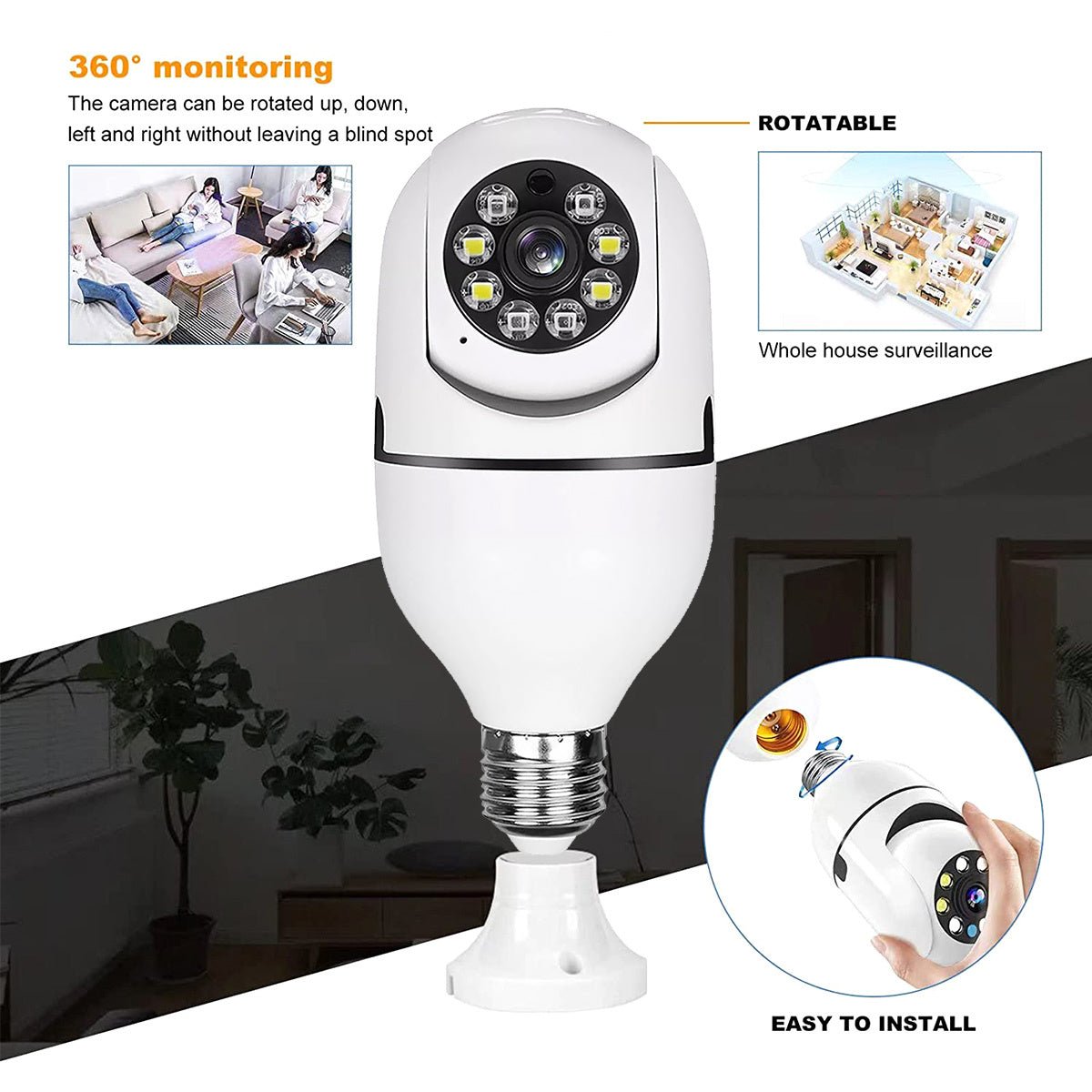 360 Bulb Surveillance Camera LED Light Bulb Socket 360° 2.4G WiFi Security Protection 1080P Spotlight Automatic Human Tracking Moorescarts