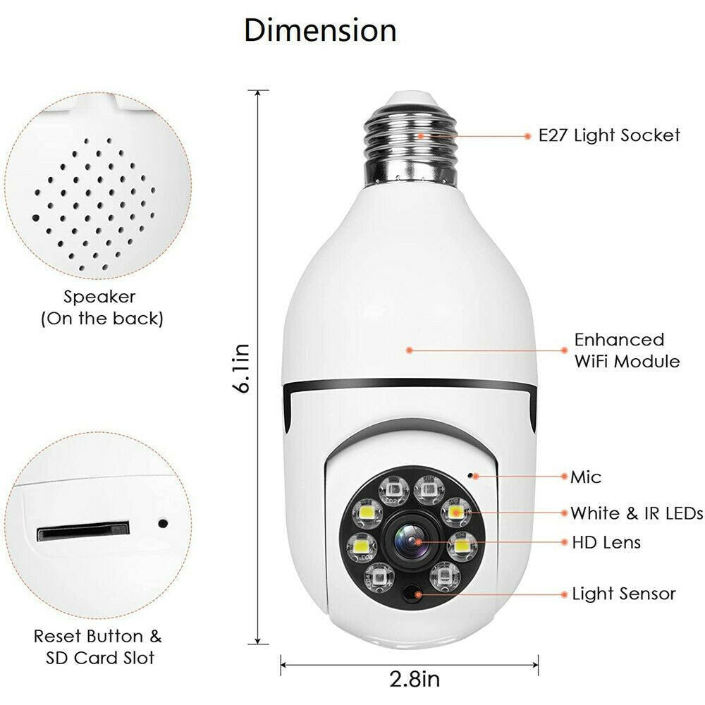 360° 1080P IP E27 Light Bulb Camera Wi-Fi IR Night Smart Home Wireless Security Moorescarts