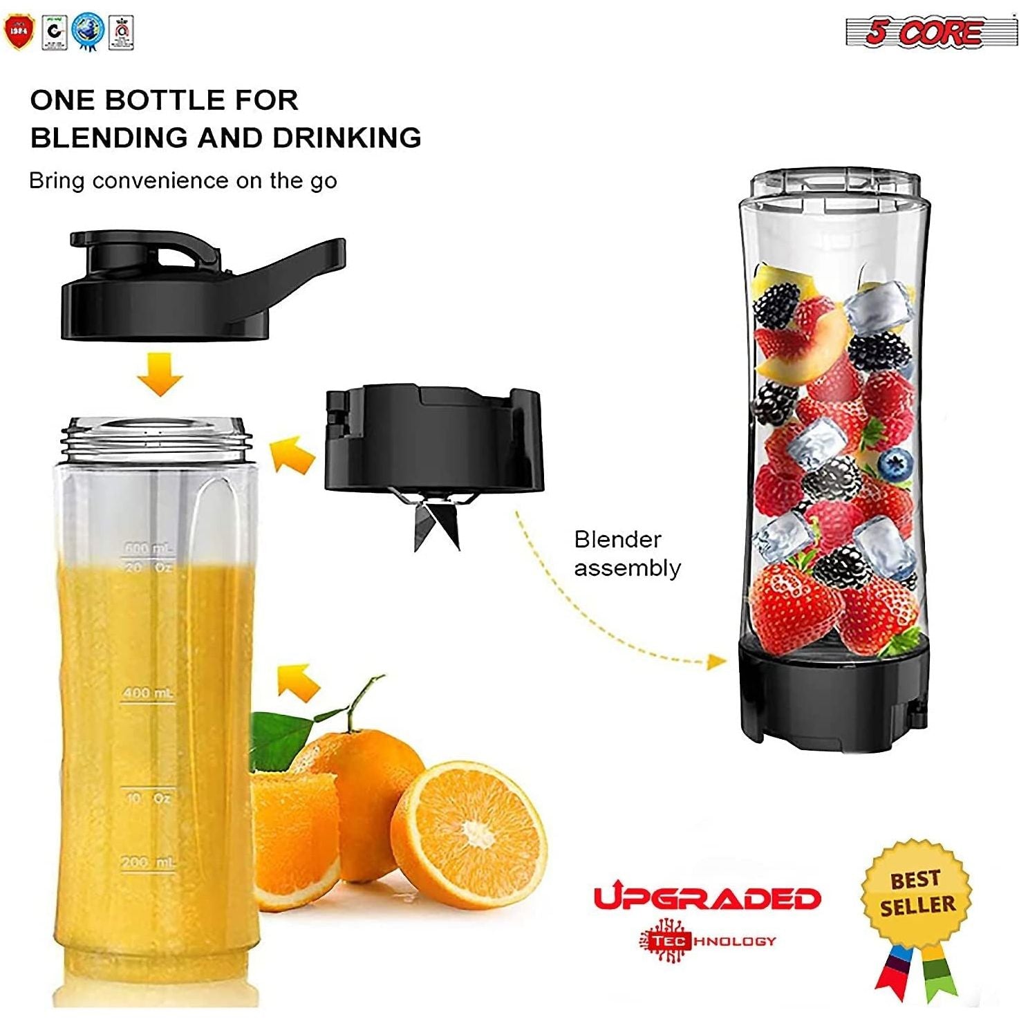 5 Core 600ml Personal Blender for Shakes and Smoothies; Powerful & Professional Smoothie Maker with Portable Bottle 300W Electric Motor BPA Free Food Processor 20 Oz 4 Stainless Steel Blade 5C 521 - Moorescarts