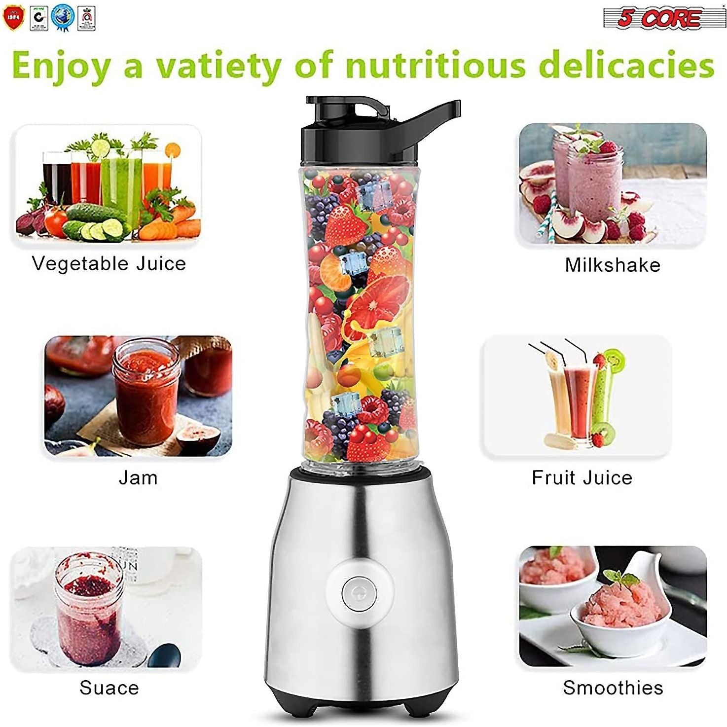 5 Core 600ml Personal Blender for Shakes and Smoothies; Powerful & Professional Smoothie Maker with Portable Bottle 300W Electric Motor BPA Free Food Processor 20 Oz 4 Stainless Steel Blade 5C 521 - Moorescarts
