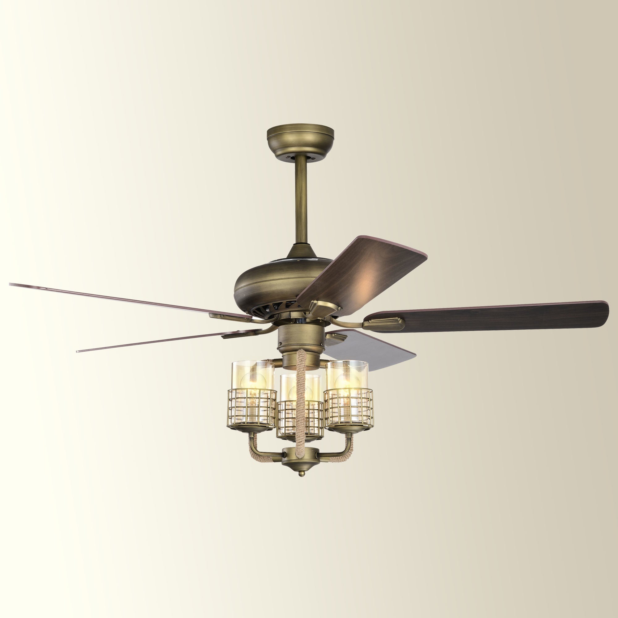 52inch Bronze Metal 3 Lights Ceiling Fan with 5 Wood Blades; Two-color fan blade; AC Motor; Remote Control; Reversible Airflow; Multi-Speed; Adjustable Height; Traditional Ceiling Fan - Moorescarts