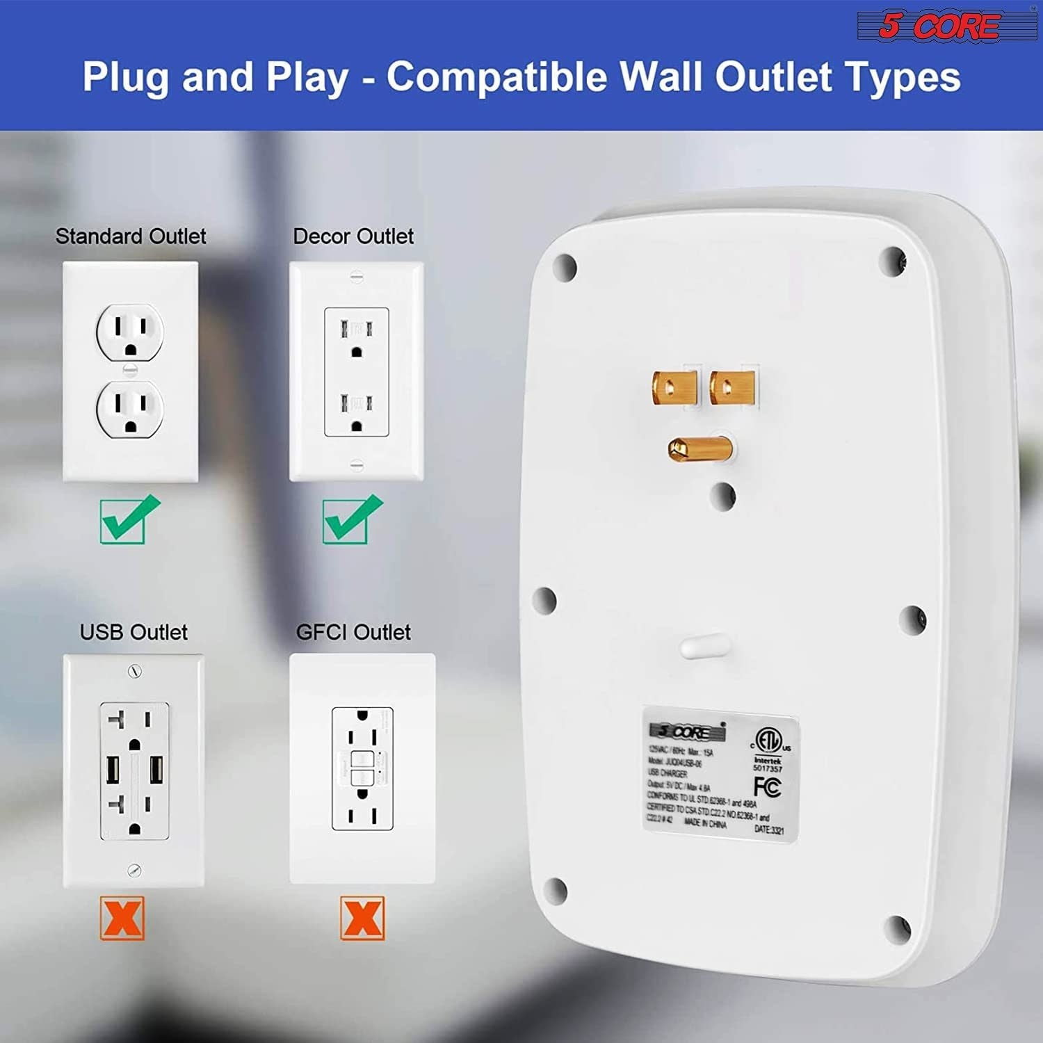 6 Outlet Wall Plug Extender with 4 USB Ports (4.8A Total); Multi Plug Outlet Adapter Wall Surge Protector 15A Electrical Outlet Expander with USB Ports 5 Core WMS 6S 4USB - Moorescarts