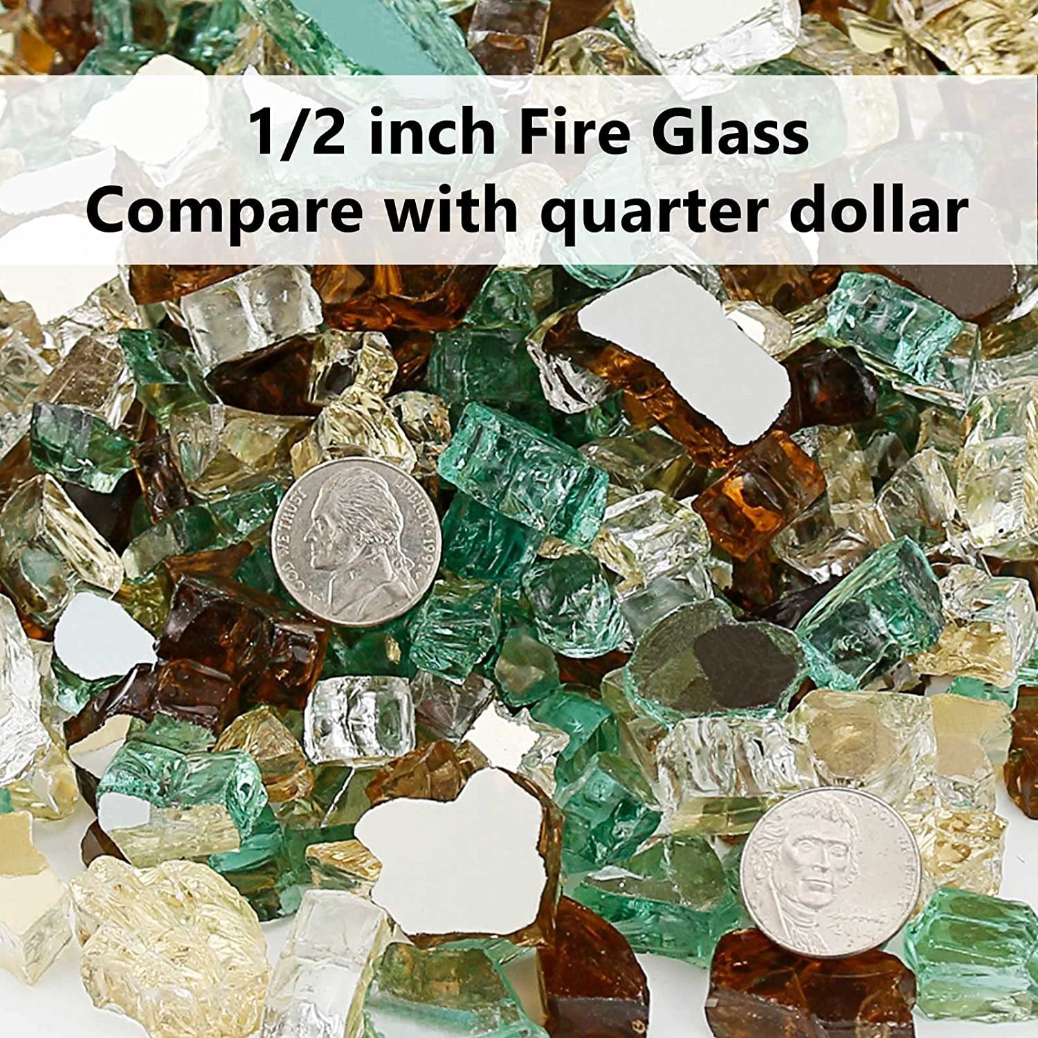Fire Glass Mixed Color for Fire Pit, 1/2 Inch 10 Pounds Reflective Tempered Glass Rocks for Natural or Propane Fireplace, Safe for Outdoors and Indoors Fire Pit, Ultra White, Evergreen, Copper