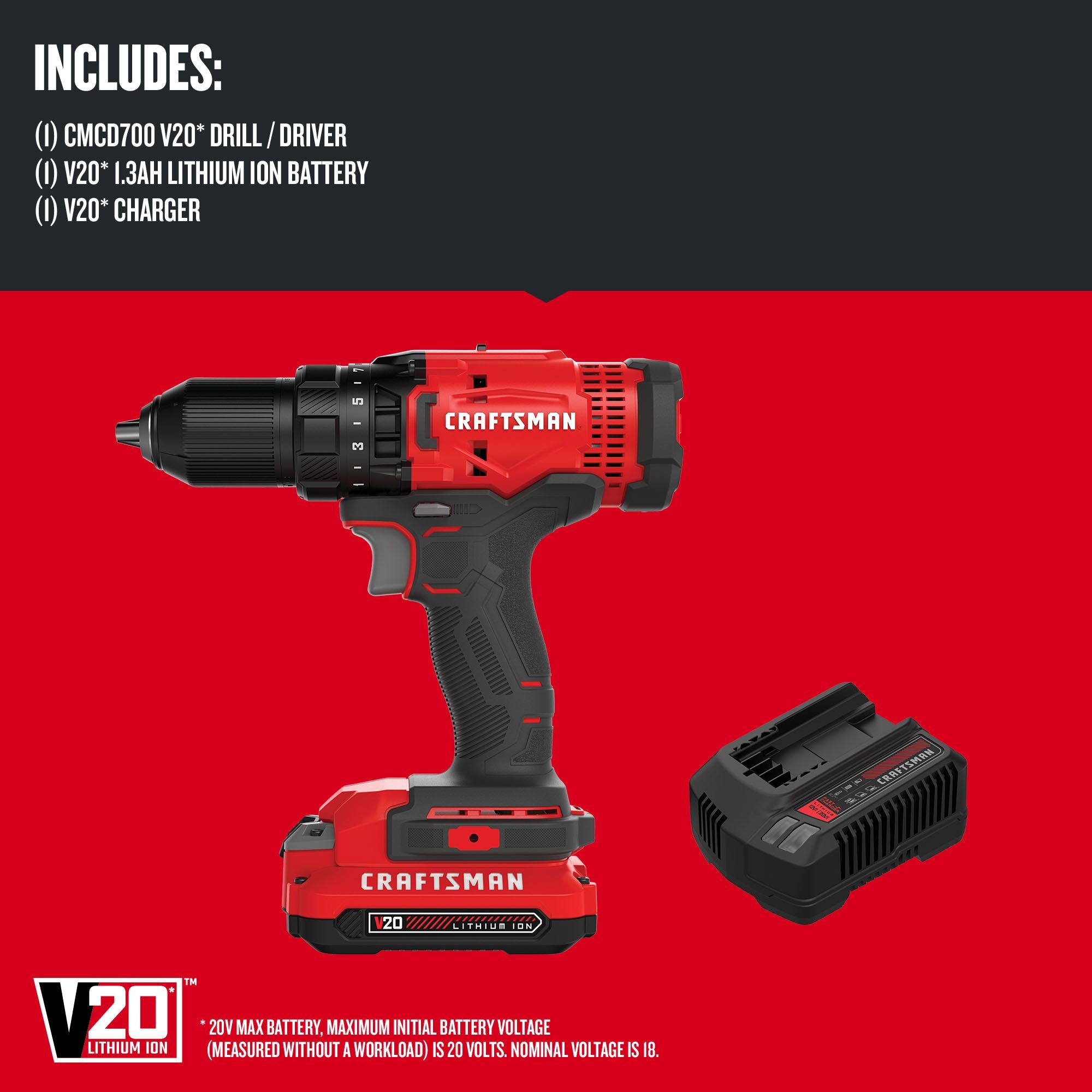 CRAFTSMAN  20-Volt Max 1/2-In Cordless Drill(1 Li-Ion Battery Included and Charger Included)