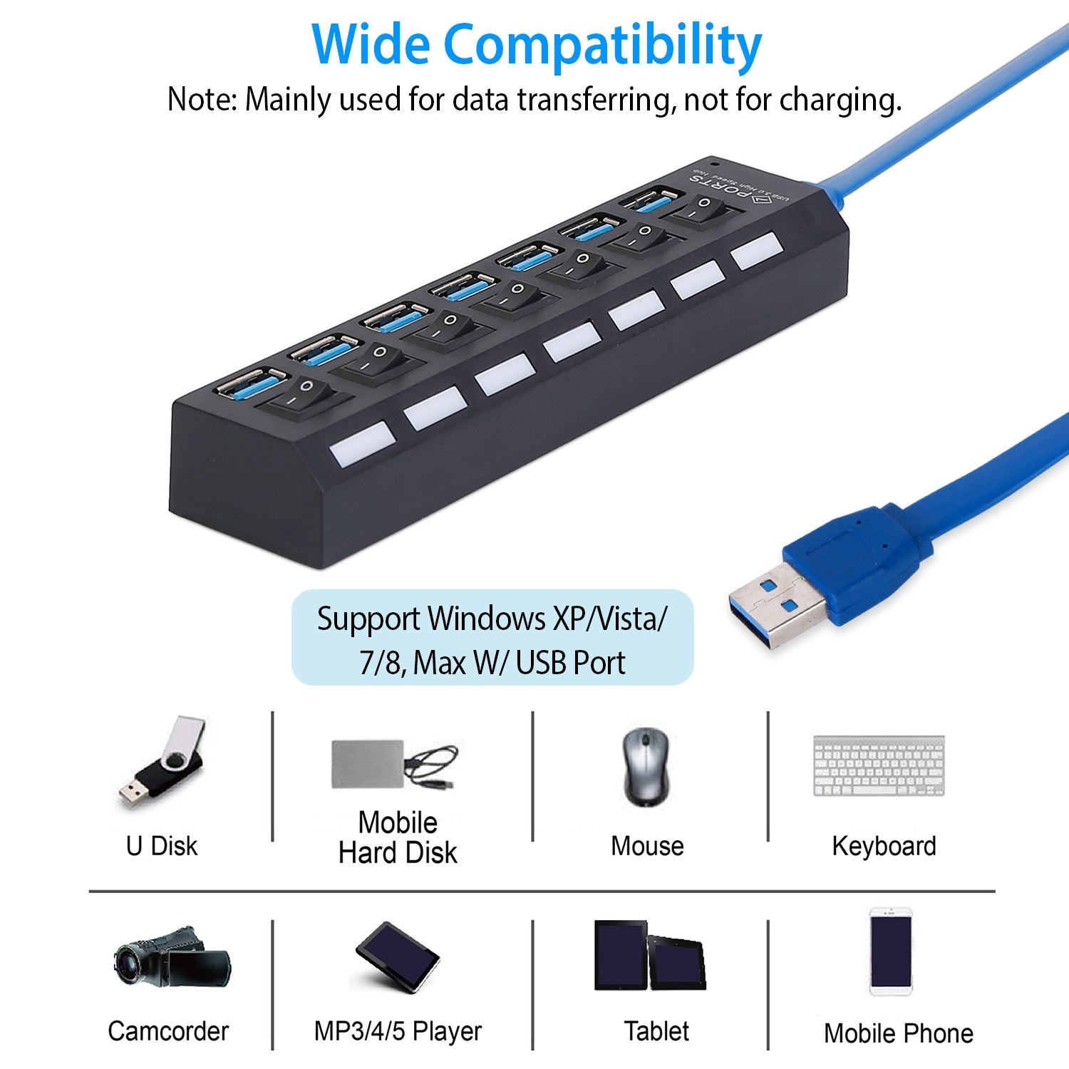 7-Port USB 3.0 Hub High Speed Multiport Data USB Hub - Moorescarts
