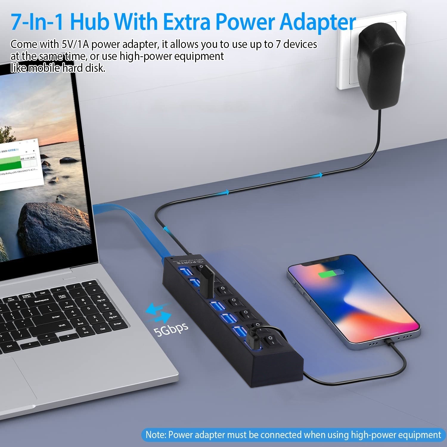 7-Port USB 3.0 Hub High Speed Multiport Data USB Hub - Moorescarts