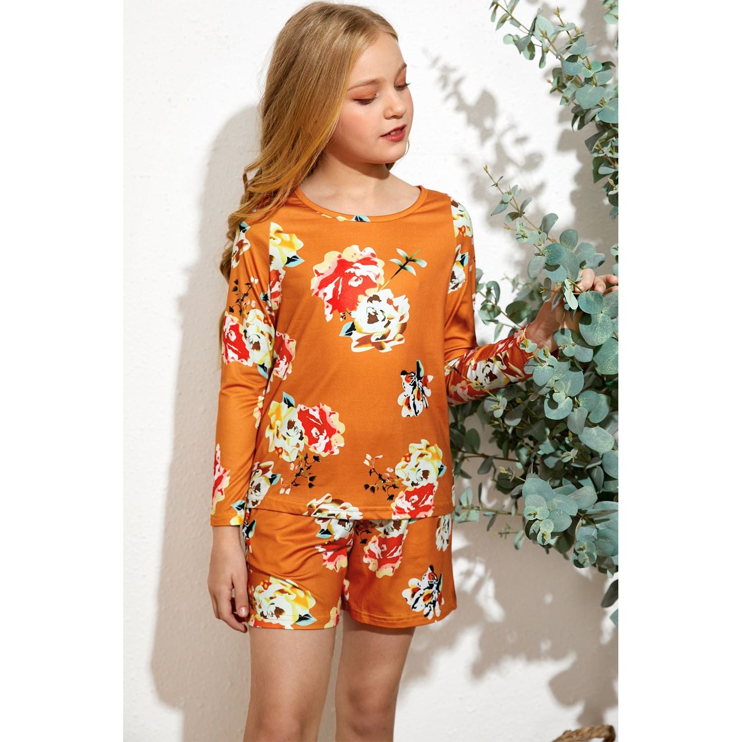 Girls Floral Long Sleeve Top and Shorts Set