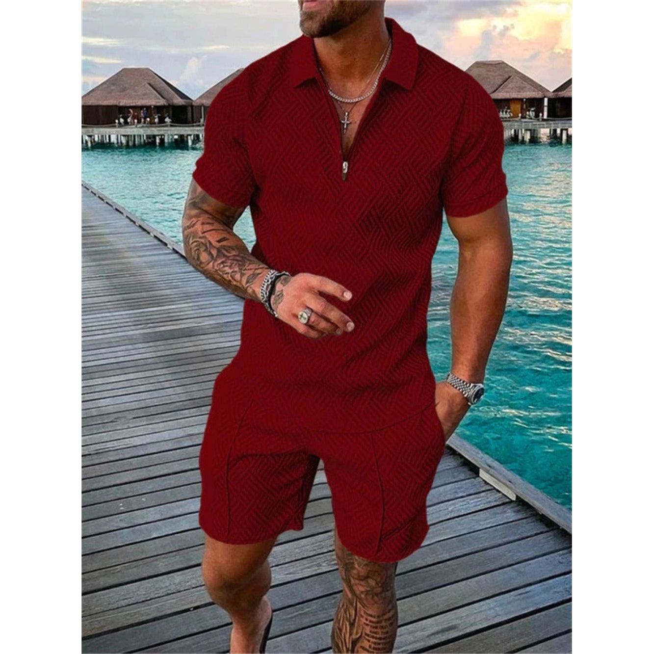 Mens Short Sleeve Casual Polo Shirt and Shorts Sets Two Piece Summer Outfits Zip Polo Tracksuit Set for Men S-XXL