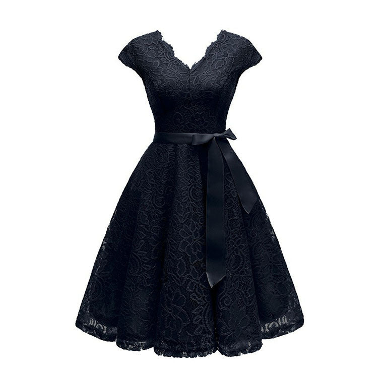 Lace stitching V-collar bag tie large lace dress