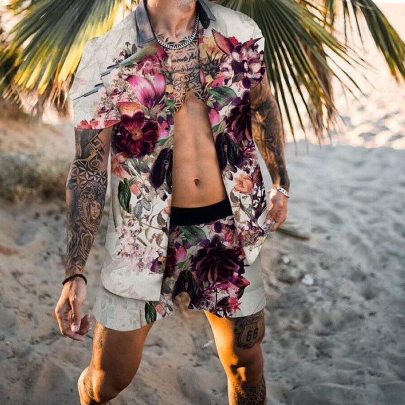 Men Hawaiian Beach Suit Summer Short Sleeve Button Printing Casual Green Daily Beach Shorts Streetwear Mens Clothes