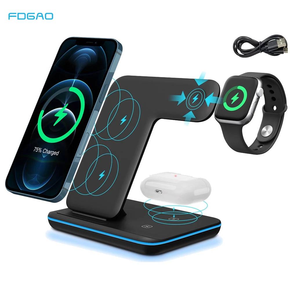 3 in 1 15W Qi Fast Wireless Charger Pad Dock Station For iPhone 14 13 12 11 Pro XS XR X 8 Apple Watch 8 7 SE 6 5 4 AirPods 3 Pro Moorescarts