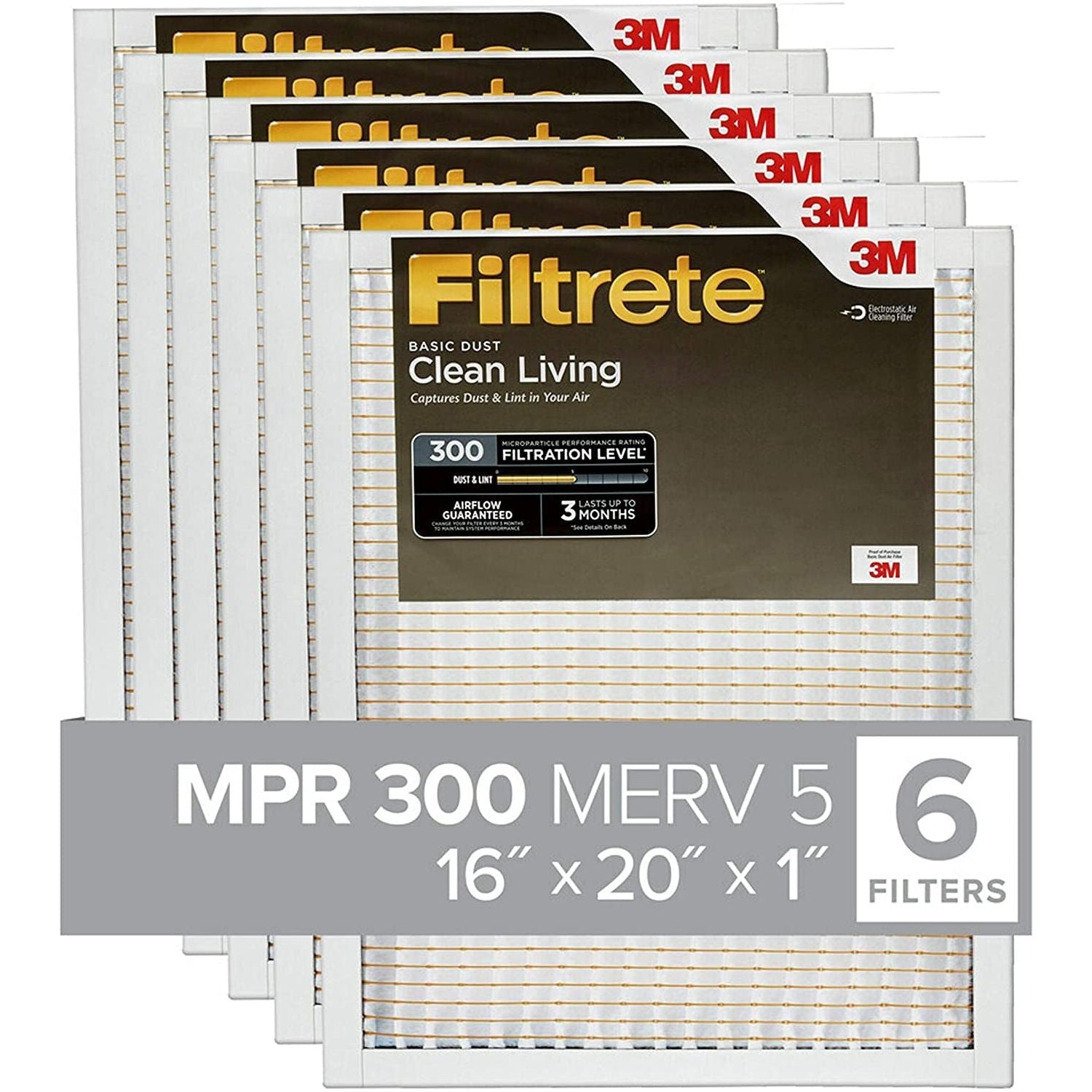 Filtrete 16X20X1 Air Filter, MPR 300, MERV 5, Clean Living Basic Dust 3-Month Pleated 1-Inch Air Filters, 6 Filters