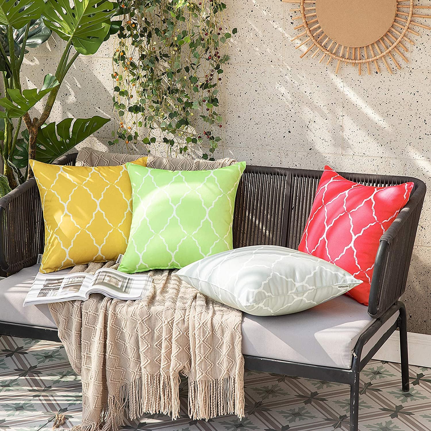 Pack of 2 Outdoor Waterproof Pillow Covers Morocco Geometric Pillowcases Decorative Cushion Cases Zipper for Patio Garden Living Room Bedroom Couch Sofa 18X18 Inch, Yellow