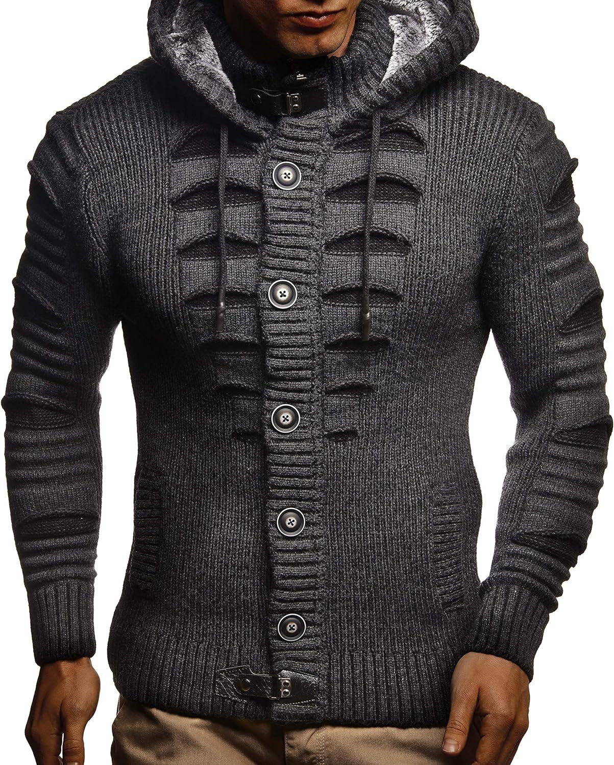 Men'S Stylish Knit Sweater with Buttons | Knitted Sweatshirt Pullover with Hood | Warm for Winter | LN5605