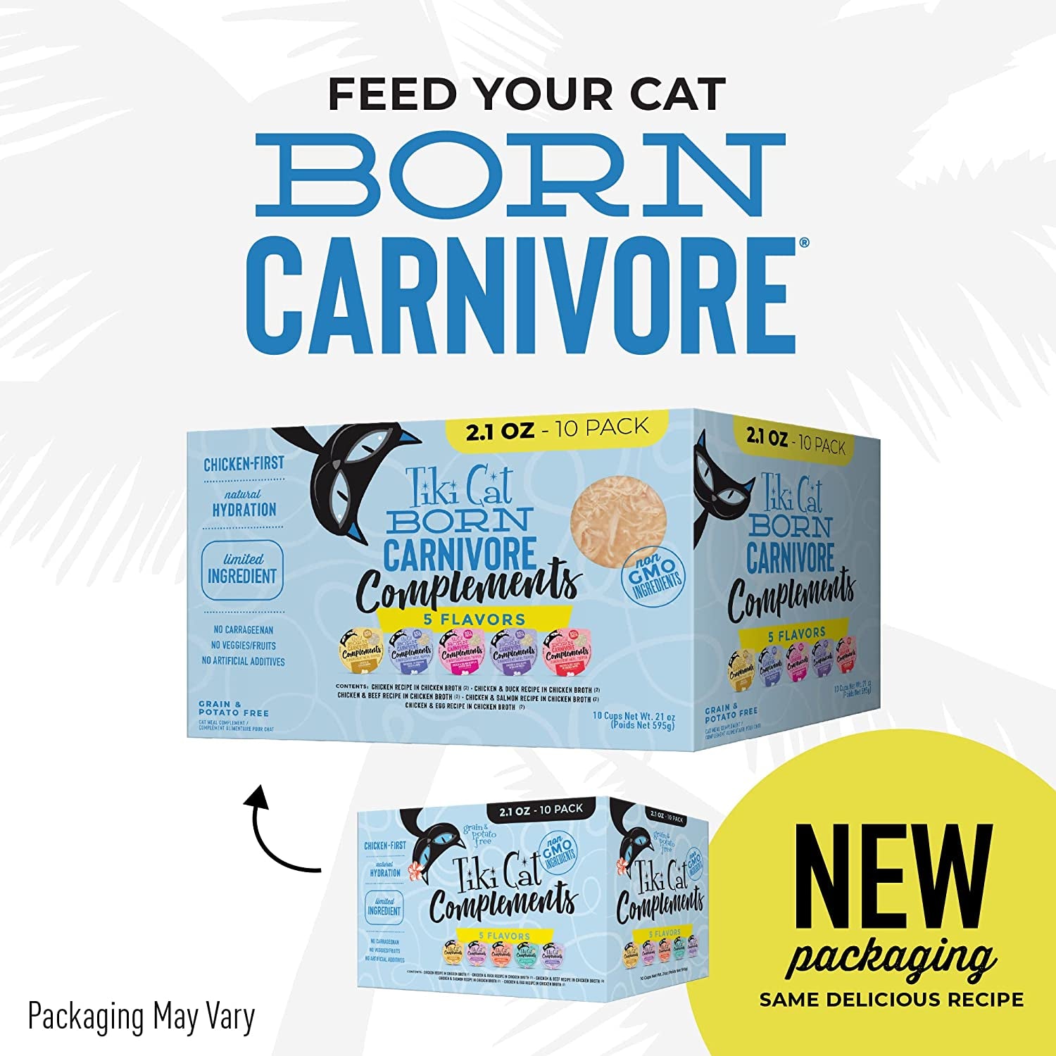 Tiki Cat Born Carnivore Complements Variety Pack, Chicken Blends, Wet, High-Protein & High-Moisture Cat Food Topper, 2.1 Oz. Cups (Pack of 8)