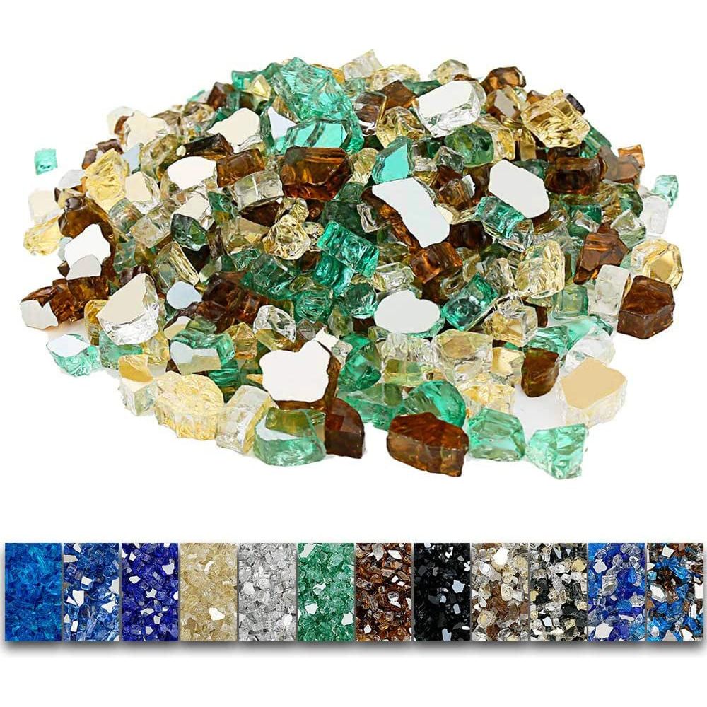Fire Glass Mixed Color for Fire Pit, 1/2 Inch 10 Pounds Reflective Tempered Glass Rocks for Natural or Propane Fireplace, Safe for Outdoors and Indoors Fire Pit, Ultra White, Evergreen, Copper
