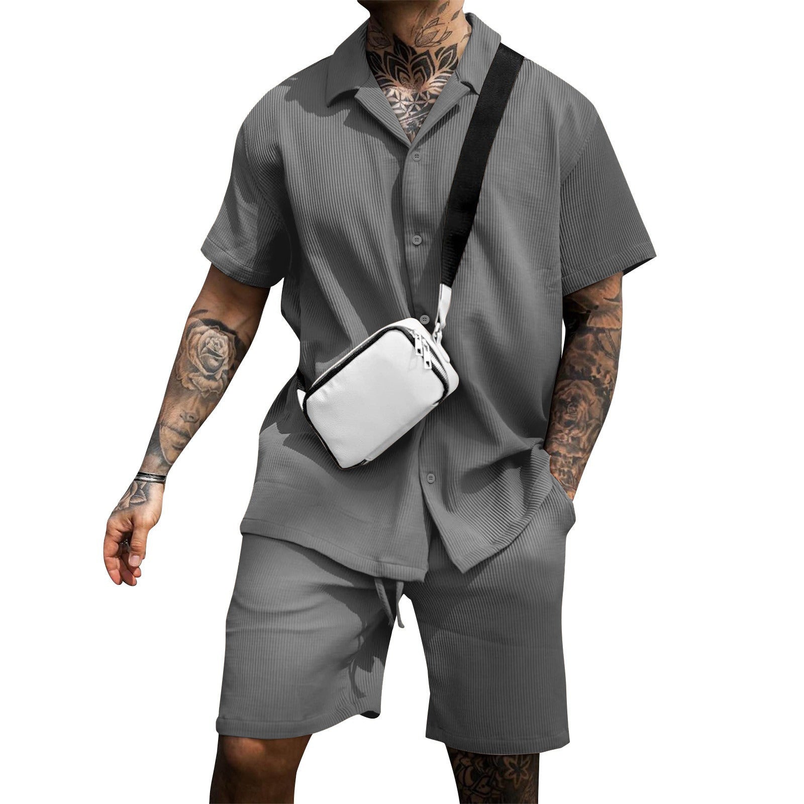 Men's Casual 2 Piece Outfits Lapel Neck Short Sleeve Button Down Shirt and Shorts Set