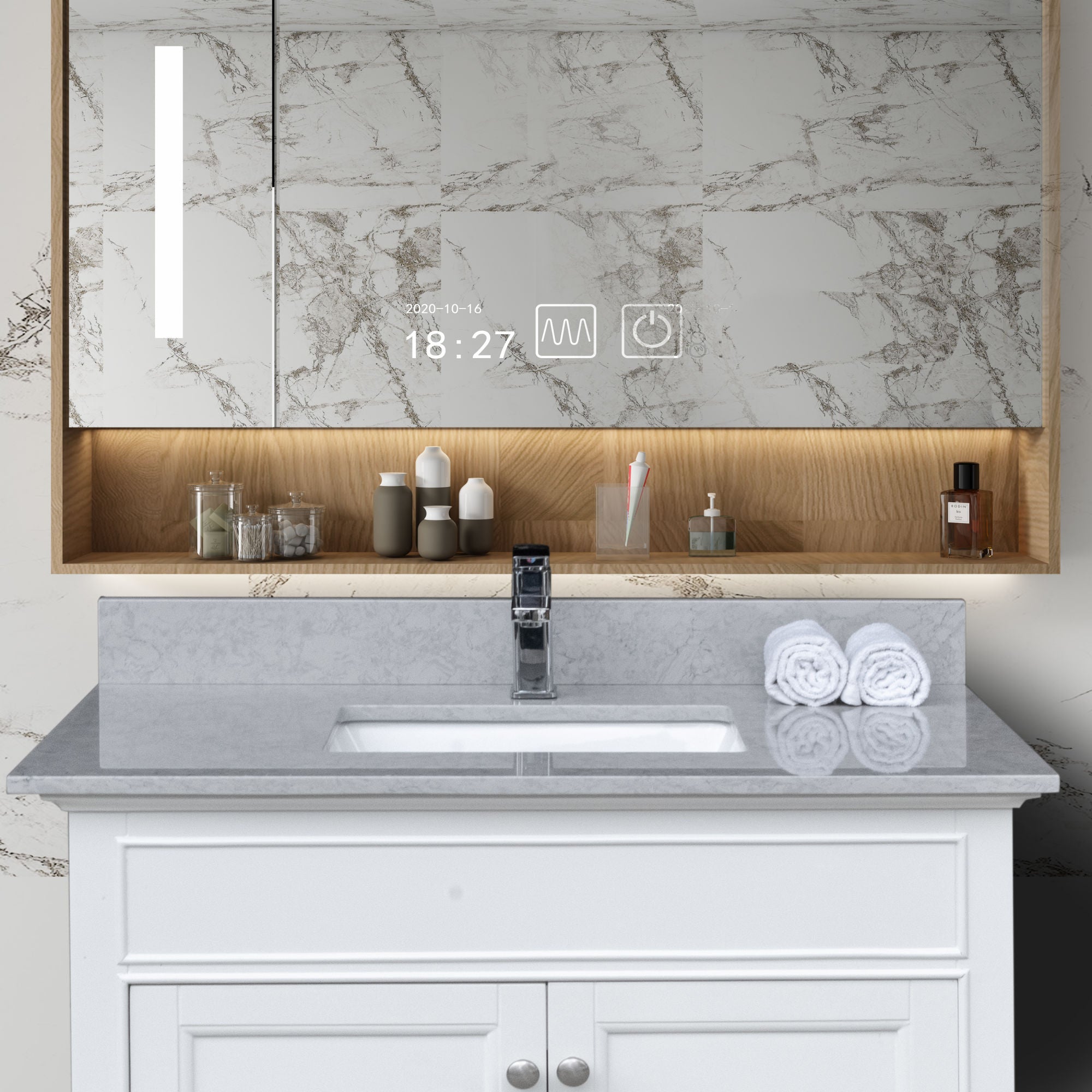37 inches bathroom stone vanity top calacatta gray engineered marble color with undermount ceramic sink and single faucet hole with backsplash Moorescarts