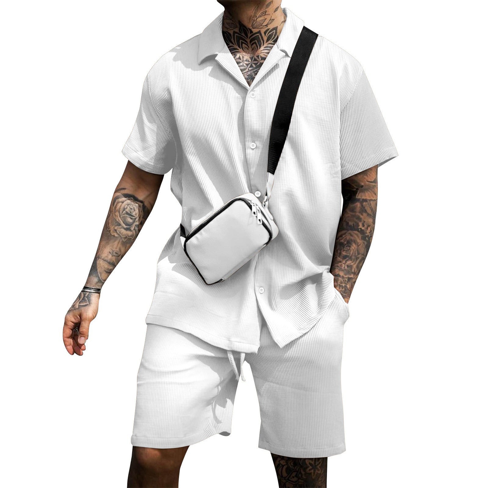 Men's Casual 2 Piece Outfits Lapel Neck Short Sleeve Button Down Shirt and Shorts Set