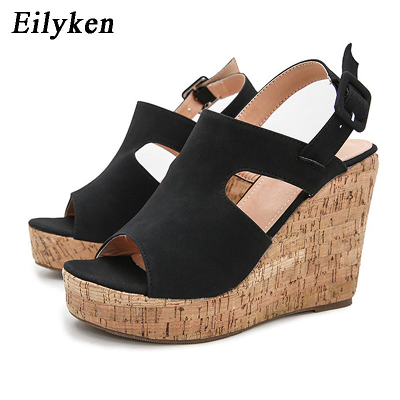Eilyken Casual Women Platform Sandals Sexy Peep Toe Wedge Shoes Gladiator Ladies Buckle Strap High Heels Black Pink Brown