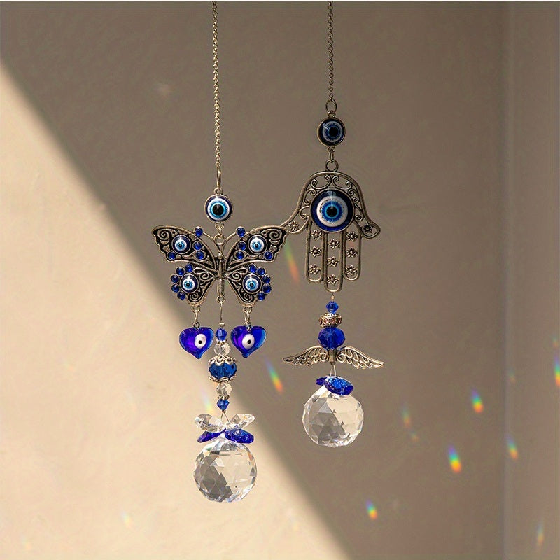 1pc Blue Butterfly Evil Eye Crystal Sun Catcher - Indoor Window Suncatcher with Prism Ball - Rainbow Maker for Good Luck and Hanging Ornament for Home, Garden, Office, Car - Wedding Pendant