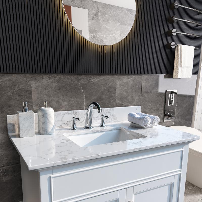 37inch bathroom vanity top stone carrara white new style tops with rectangle undermount ceramic sink and back splash with 3 faucet hole for bathrom cabinet Moorescarts
