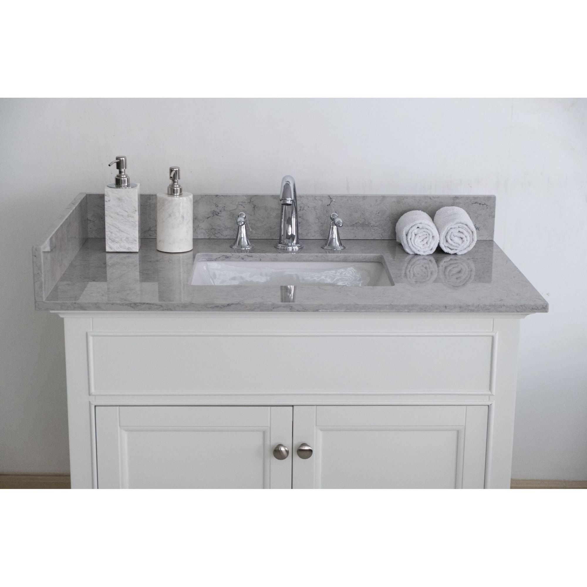 31 inches bathroom stone vanity top calacatta gray engineered marble color with undermount ceramic sink and 3 faucet hole with backsplash Moorescarts