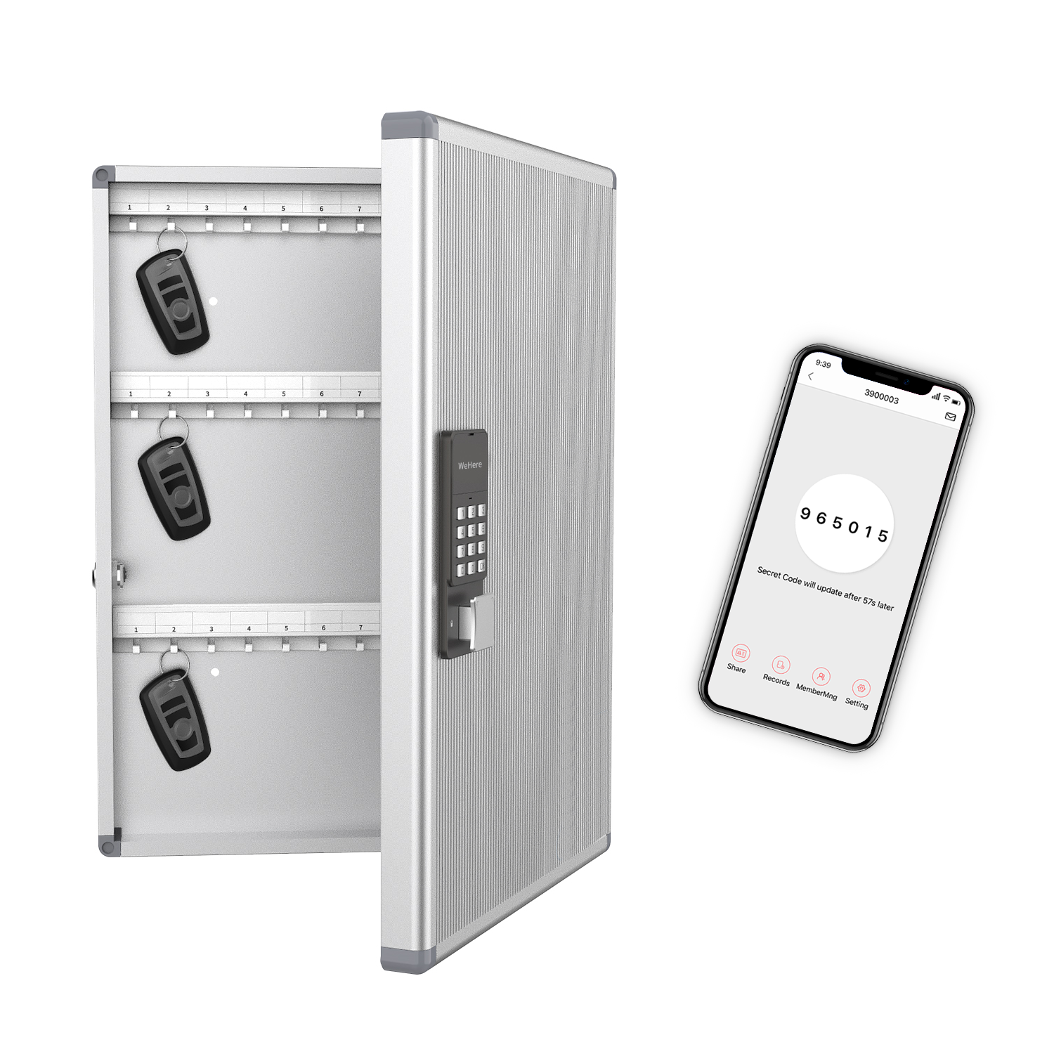 WeHere Smart Key Lock Box with APP;  Key Cabinet Wall Mount use Blutooth;  OTP;  Fixed Code Unlock;  App Generates Codes without Internet; Remote Authorization Great for Office;  School;  Realtors