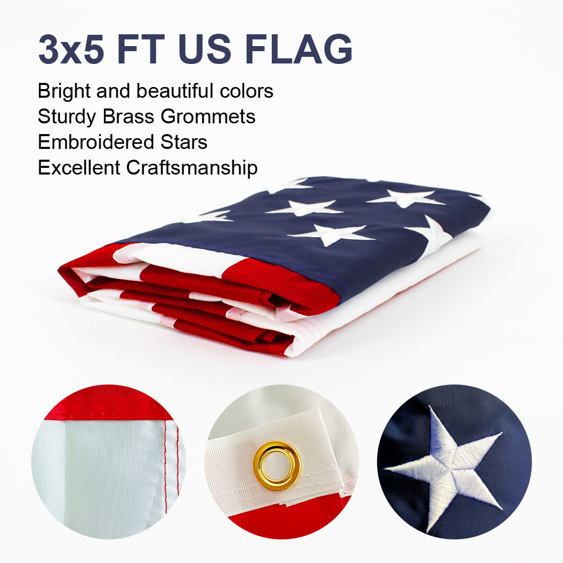 3x5 FT 210D Polyester American Flag;  Embroidered Stars;  Sewn Stripes;  Brass Grommets US Flag Outdoor USA Flags Moorescarts